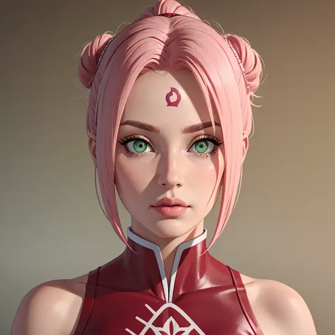 young woman, bubblegum pink hair tied in a bun, wide forehead, porcelain skin, pink eyebrows, emerald green eyes, upturned nose, thick pink lips, heart-shaped face, dark red clothes, Sakura Haruno, realism, well detailed, 3d
