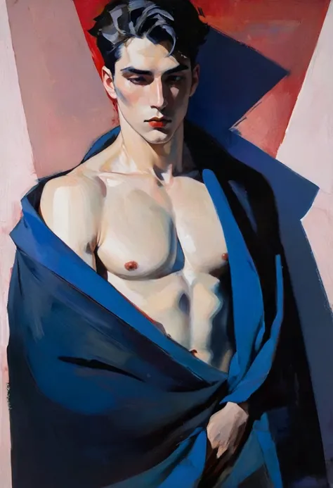 chiaroscuro technique on sensual illustration of an arafed man in white blanket, sexy masculine, model with attractive body, inspired by Ludovit Fulla, mid-shot of a hunky, the model draped in flowing, thick oil painting by Harumi Hironaka, extremely soft ...