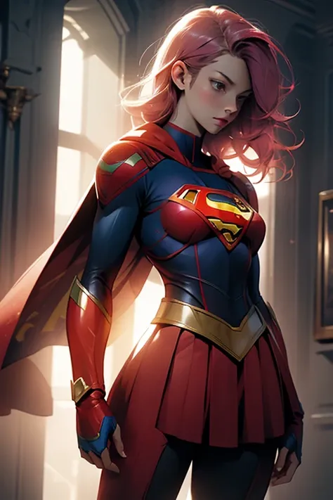 art by joerussketchbook, supergirl, best quality, ((masterpiece)), bright_hair_color, highlight the outlines out of background, spectacular lighting and work of shades