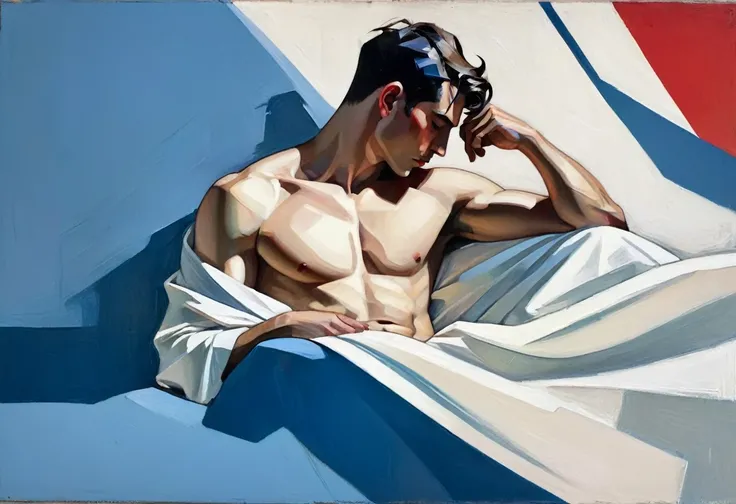 chiaroscuro technique on sensual illustration of an arafed man resting in white blanket, sexy masculine, model with attractive body, inspired by Ludovit Fulla, mid-shot of a hunky, the model draped in flowing, thick oil painting by Harumi Hironaka, extreme...