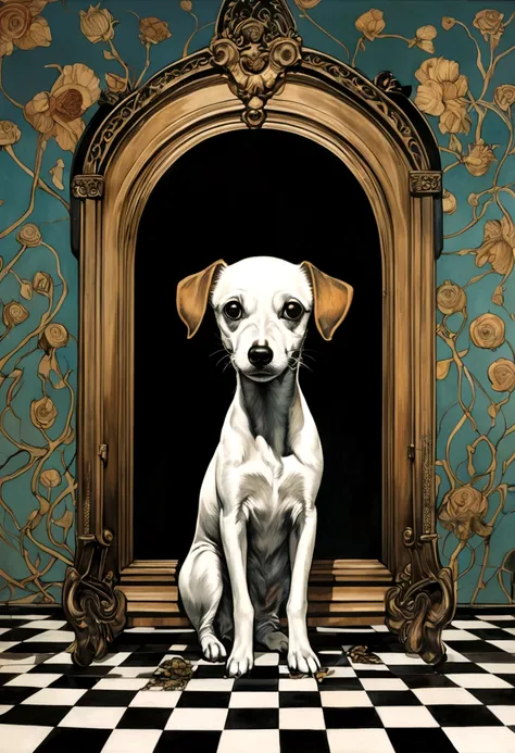 a jack russle puppy. in the style of adrian ghenie, esao andrews, jenny saville, edward hopper, surrealism, dark art by james jean, Takato Yamamoto, Inkpunk minimalism. In the style of Tim Burton. Neo-Gothic.