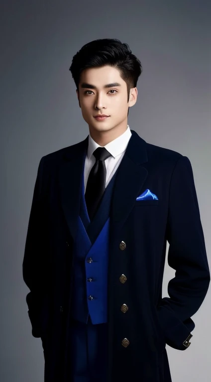 Aarav stood in front of a bamboo tree., Close-up of a person in a crimson, blue and blue outfit., Good quality, expensive silk, wearing a Blue coat, Inspiration from Zhang Han, Wear ancient Chinese clothes, Inspired by Gu An, Blue coat, Blue coats, A drago...