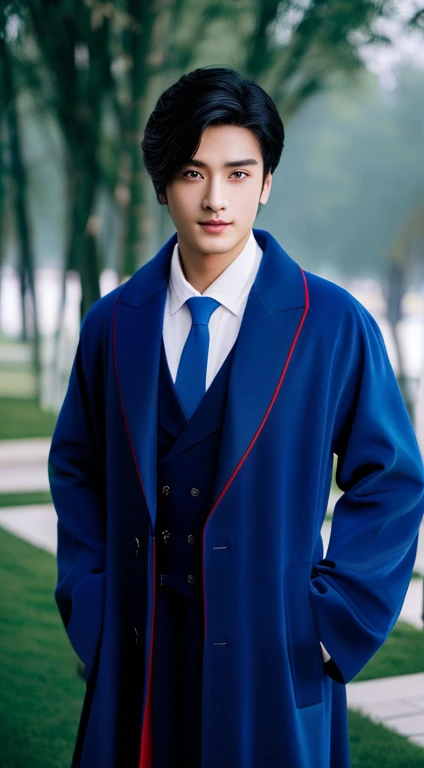 Aarav stood in front of a bamboo tree., Close-up of a person in a crimson, blue and blue outfit., Good quality, expensive silk, wearing a Blue coat, Inspiration from Zhang Han, Wear ancient Chinese clothes, Inspired by Gu An, Blue coat, Blue coats, A drago...