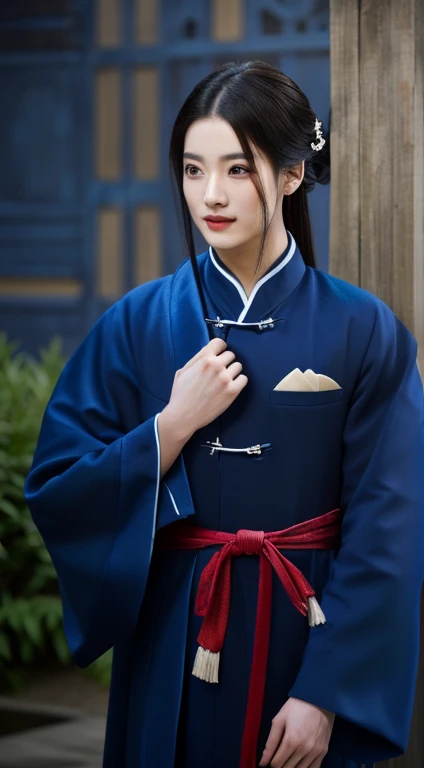 Aarav stood in front of a bamboo tree., Close-up of a person in a crimson, blue and blue outfit., Good quality, expensive silk, wearing a Blue coat, Inspiration from Zhang Han, Wear ancient Chinese clothes, Inspired by Gu An, Blue coat, Blue coats, A drago...