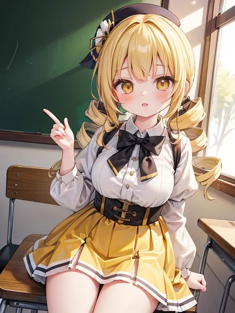 masterpiece, highest quality, Very detailed, 16k, Ultra-high resolution, Cowboy Shot, Detailed face, Perfect Fingers, 17-year-old female, School classroom, Sit on a chair, mami tomoe, blonde hair, drill hair, twin drills, (yellow eyes:1.3)