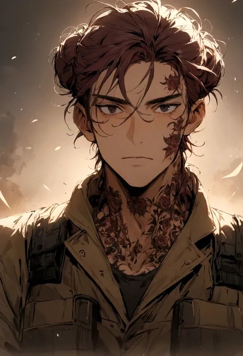 (masterpiece), best quality, expressive eyes, perfect face, Male, maroon messy hair-bun, black eyes, neck roses tattoo. brown fur lined overcoat, tactical vest, handsome, waist up view, upper body view