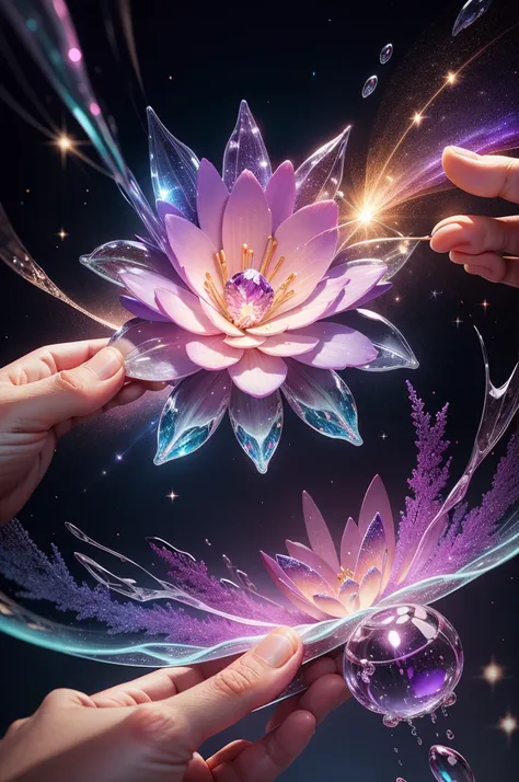 crystal flower, Fantasy, Milky Way, transparent, Sparkling, Sparkling, The Shining, colorful, magical photography, LightingDramatic, Photorealism, Ultra-detailed, 4K, Depth of written boundary, High resolution、hand