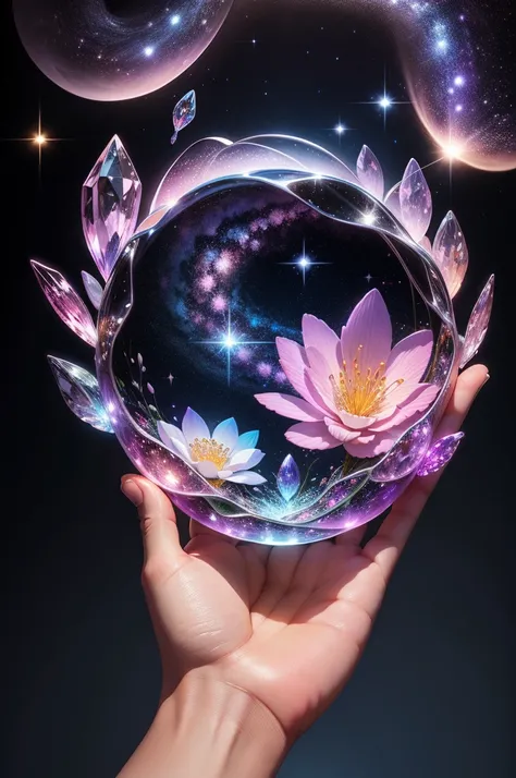 crystal flower, Fantasy, Milky Way, transparent, Sparkling, Sparkling, The Shining, colorful, magical photography, LightingDramatic, Photorealism, Ultra-detailed, 4K, Depth of written boundary, High resolution、In the hands