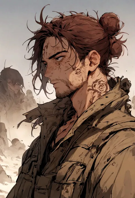 (masterpiece), best quality, expressive eyes, perfect face, Male, maroon messy hair-bun, black eyes, neck roses tattoo. brown fur lined overcoat, tactical vest, handsome, waist up view, upper body view, dark brown dustercoat, soldier, post apocalyptic, mar...