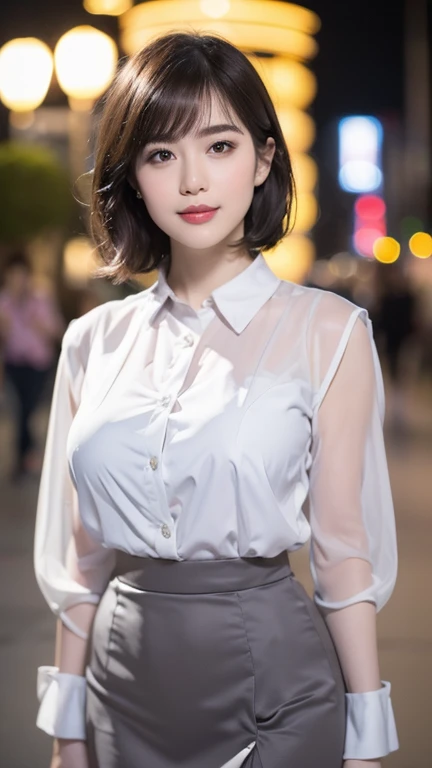 1girl, beautiful detailed eyes, beautiful detailed lips, extremely detailed face and eyes, long eyelashes, hourglass figure, 36-24-36 vital statistics, gentle smile, short bob hair with bangs, japanese, professional and neat OL attire, tight white transluc...