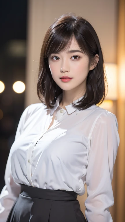 A gorgeous japanese lady, 23-years-old, symmetrical face, detailed facial features, beautiful detailed eyes, beautiful detailed lips, extremely detailed face and eyes, long eyelashes, perfect body proportions, gentle smile, hair is short and styled in a ne...