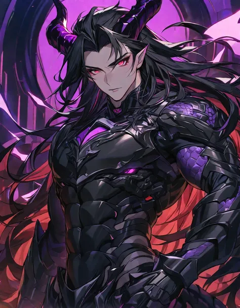 one, handsome, 1 man, with a sporty body, v-shaped body, black detailed armor with glowing purple details, black demonic horns, ...