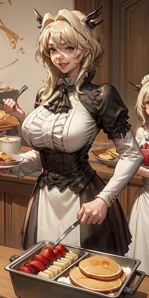 making pancakes in the asteria vk skillet,a blond,twin-tailed,1little girl,woman in her 30s,maid apronl,laughing,kitchin,bento,s...