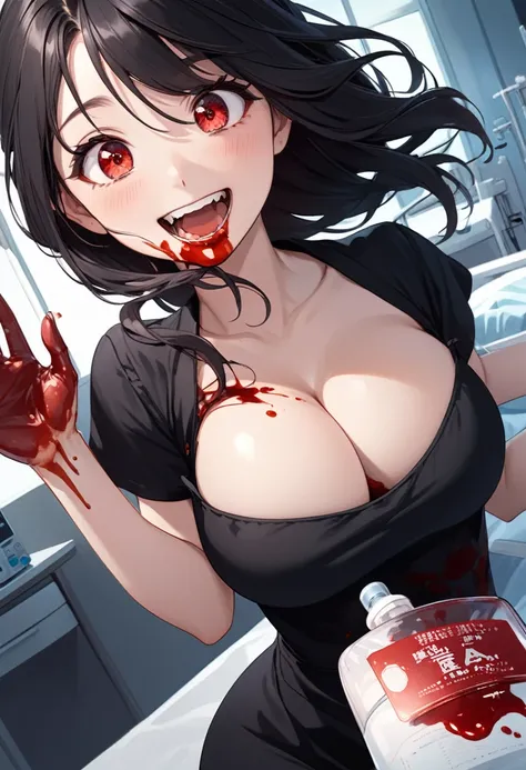 detailed illustration, dynamic angle, ultra-detailed, illustration, 1girl, 18 year old, dark, night, hospital, blood bank, nighttime, vampire, little black slip dress, cleavage, red eyes, detailed eyes, long black hair, blood on mouth, from the side, delig...