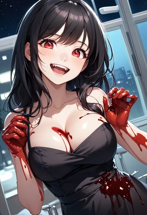 detailed illustration, dynamic angle, ultra-detailed, illustration, 1girl, 18 year old, dark, night, hospital, blood bank, nighttime, vampire, little black slip dress, cleavage, red eyes, detailed eyes, long black hair, blood on mouth, from the side, delig...