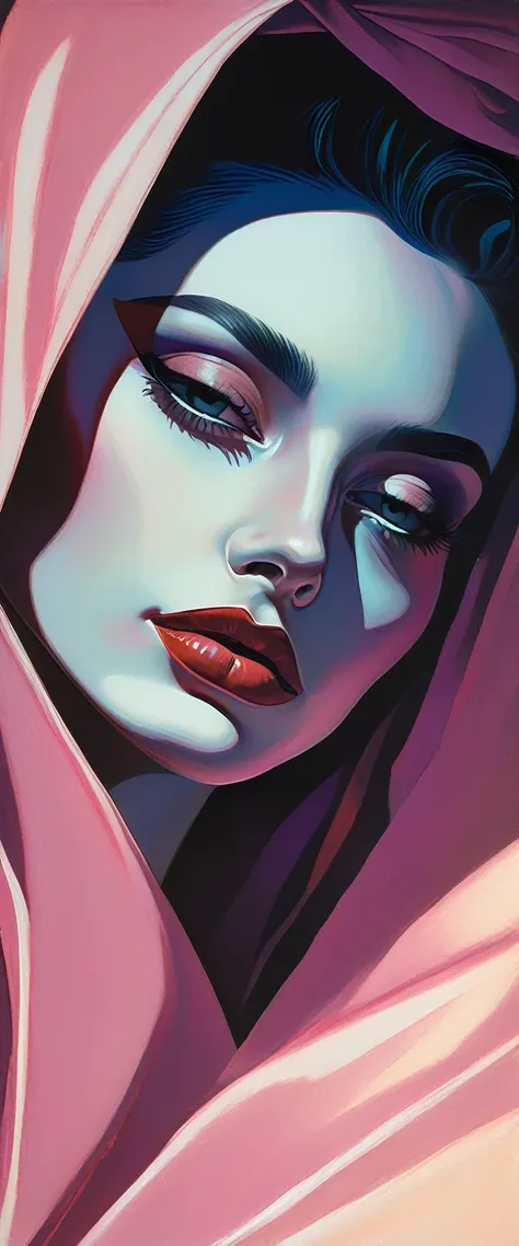 chiaroscuro technique on sensual illustration of an elegant 1980s woman, vintage beauty, eerie, the model draped in flowing, thick oil painting, by Hannah Dale, by Harumi Hironaka, extremely soft colors, vibrant, highly detailed, malcolm liepke painting, o...