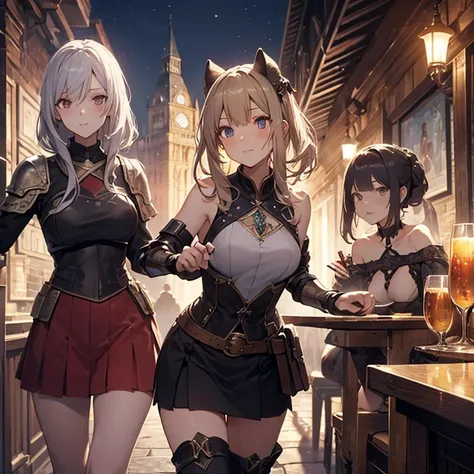 A group of  female medieval fantasy adventurers, (in tavern), various hair styles, harem, night, details face, short skirt, seducing, sleeveless, armor 