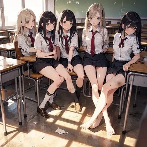 a group of  female students, (in classroom), various hair styles, harem, post apocalyptic, details face, short skirt, seducing, ...