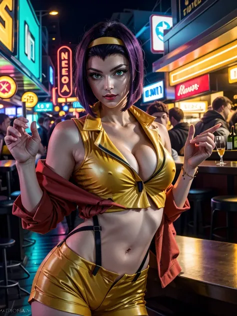 (masterpiece:1.2, best quality:1.2, beautiful, high quality, highres:1.1), detailed, extremely detailed, 4K,  1girl, solo, pose, fayevalentine, yellow hairband, red jacket, crop top, cleavage, purple hair, green eyes, bored, in a neon lit bar, smoky air, c...