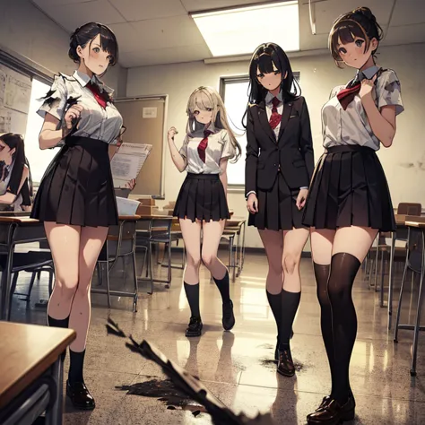 a group of  female students, (in classroom), various hair styles, harem, post apocalyptic, details face, short skirt, seducing, ...