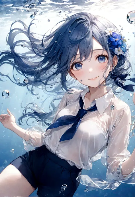 ((top-quality)), ((​masterpiece)), ((ultra-detailliert)), (extremely delicate and beautiful), bright sky blue hair, watery hair, bright sapphire eyes, fair skin, beautiful woman, sheer white shirt, sheer silky navy shorts, navy blue ribbon ties, underwater...