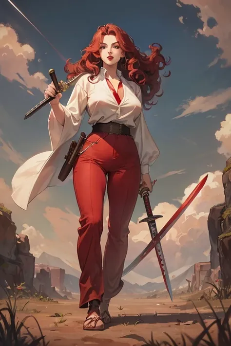 A large breasted redhead standing on the ground and holding a sword, wide hips, thin waist, beautiful full red lips, lush wavy hair, long torpedo shaped tits, brown pants, loose white blouse