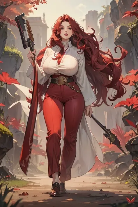 A large breasted redhead standing on the ground, wide hips, thin waist, beautiful full red lips, lush wavy hair, long torpedo shaped tits, brown pants, loose white blouse