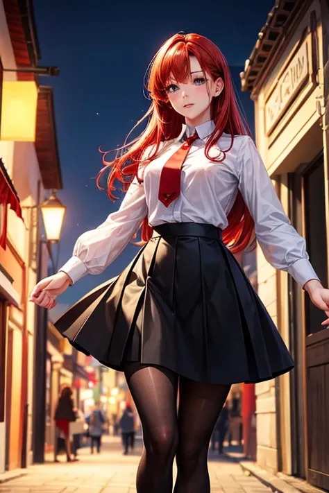 Create detailed image of full-bodied, red-haired 
woman, white shirt, short red tie, black skirt, tights, red heels, all miy realistic, illuminated and colorful with an antique town in the background 