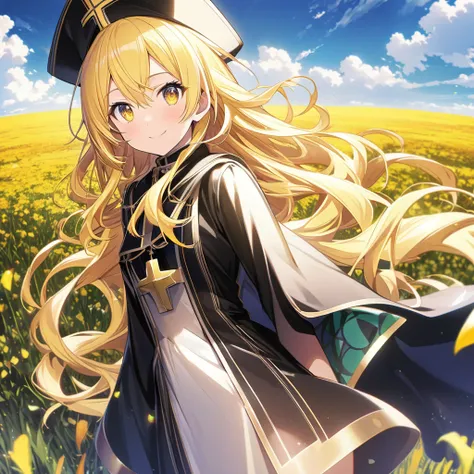 Kohinata Miku (AKB0048 Next Stage), (long shiny yellow hair), (bright golden eyes):1.2, black priest costume, bangs, smiling gently, cape, priest hat((ultra-detailed)), ((illustration)), ((flowing hair)), (beautiful detailed eyes), female, 1girl, standing,...