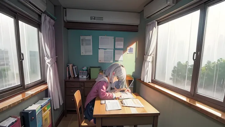 bring a cartoon girl who studies in her room while it rains outside the window