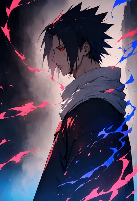 1 boy, Men&#39;s Center, sasuke uchiha,naruto, masterpiece, highest quality, so beautiful,、cool、、strongest、Evil Aura、Ninja、Blue light