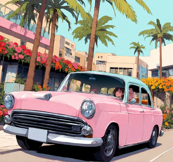 Desert Oasis、Classic pink car parked in front of a modern building。Palm trees and colorful flowers々Surrounded by。
