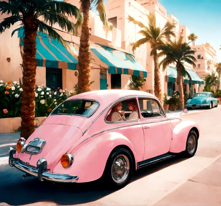 Desert Oasis、Classic pink car parked in front of a modern building。Palm trees and colorful flowers々Surrounded by。
