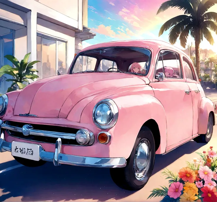 Desert Oasis、Classic pink car parked in front of a modern building。Palm trees and colorful flowers々Surrounded by。
