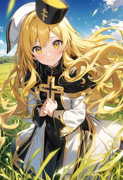 Kohinata Miku (AKB0048 Next Stage), (long shiny yellow hair), (bright golden eyes):1.2, black priest costume, bangs, smiling gently, cape, priest hat((ultra-detailed)), ((illustration)), ((flowing hair)), (beautiful detailed eyes), female, 1girl, standing,...