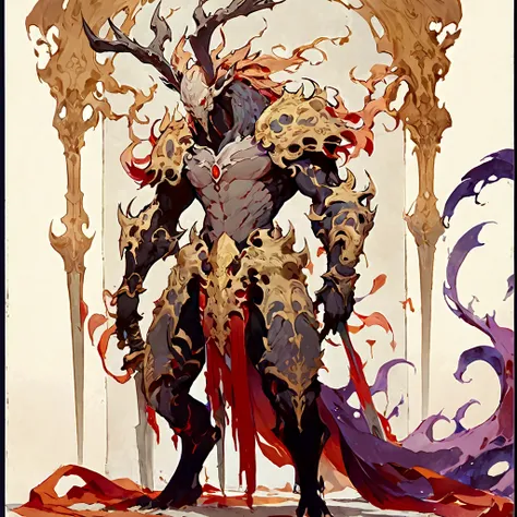 There is a painting，There is a big head in the painting、Monster with sword，Deer, Beautiful full body concept art, peter moore style, Detailed full body concept, author：Yang Jie, author Ryan Yee, Peter Mohrbacher&#39;s style, Bastian Amano Yoshitaka, Demon&...