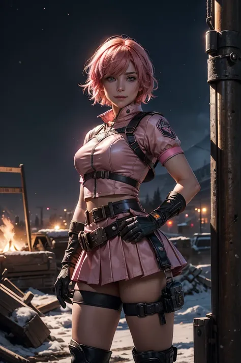  1girl,cowboy shot, beautiful nora_valkyrie, looking at viewer, smile, short hair, blue eyes, heart cutout, gloves,  jacket, pink skirt, pink belt, short sleeves, puffy sleeves, single armband, fingerless gloves, short hair, orange hair, pink gloves, dynam...