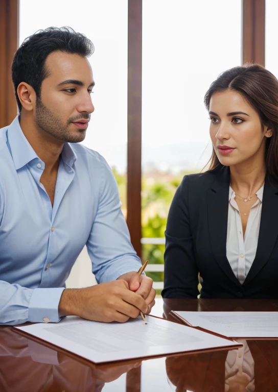 arafed business man and woman estrechar la mano at a table, business meeting, dando una entrevista, Professional cooperation, foto profesional detallada, foto publicitaria, profesionalmente, Venta de seguros, contraventana, entorno empresarial, Alta calida...