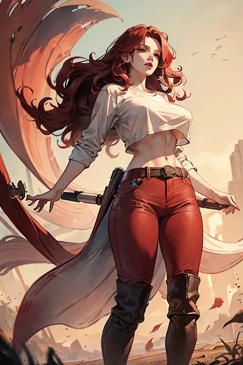 A redhead standing on the ground, wide hips, thin waist, beautiful full red lips, lush wavy hair, long torpedo shaped tits, brown pants, loose white buccaneer shirt, long riding boots