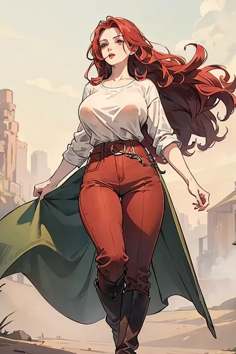 A redhead standing on the ground, wide hips, thin waist, beautiful full red lips, lush wavy hair, long torpedo shaped tits, brown pants, loose white fantasy shirt, long riding boots