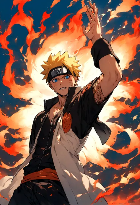 1 boy, men&#39;s center, naruto uzumaki,naruto, masterpiece, highest quality, so beautiful,、cool、、strongest、fire aura、ninja、flam...