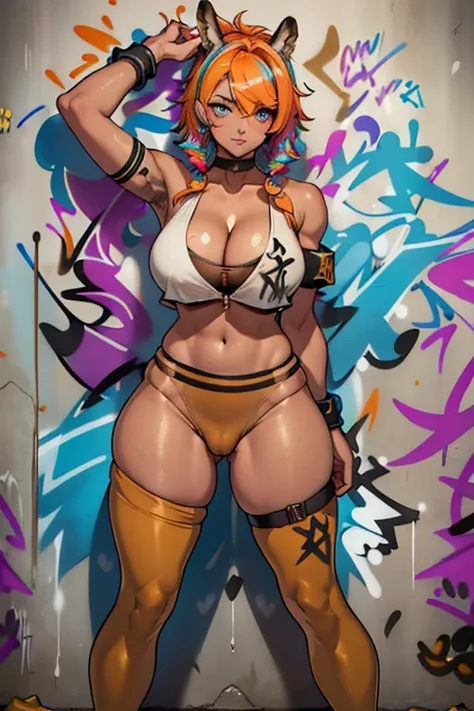 masterpiece, best quality, 1girl, solo, crop top, ((colossal cleavage:1.3)), gym leggings, choker, (graffiti:1.5), paint splatter, arms behind back, against wall, looking at viewer, armband, thigh strap, paint on body, head tilt, bored, multicolored hair, ...