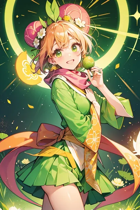 Kadomatchi has a green body and head resembling a slice of lotus root with two bulbs protruding from it. she wear a yellow scarf with pink and orange circles. SPARKLE; GLITTER