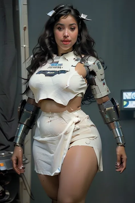 (masterpiece), best quality, expressive eyes, perfect face, Dark hair, dark skin, Camila Noceda, Maid_Dress, and small sexy chubby belly, chubby, but curvy, chubby young woman, robot skin, robot skin, cyborg, joints, robot joints, science fiction, android