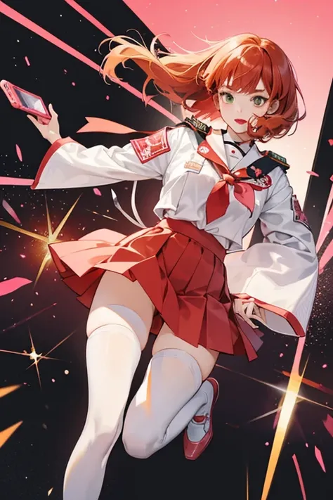 Kawaiinaotchi resembles a Japanese . She has short, ginger hair with two side fringes covering her eyebrows. She has an L shaped nose and she wears red lipstick. In her right hand she holds a pink cellphone. She wears a white and red uniform with a green t...