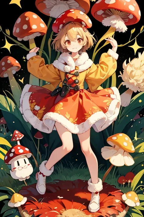 Kinominotchi has light yellow skin and stick-like arms and legs. She wears a brown, shaggy coat that resembles foliage and a red mushroom cap that is adorned with leaves at the top. . SPARKLE; GLITTER