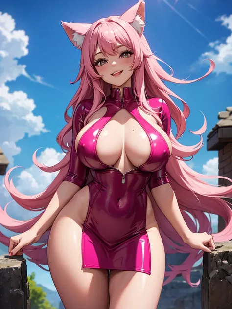 Happy , with wolf ears and pink hair, holding her cheeks, wolf tail, wearing a latex dress, looking at veiwer, full body, you can see her chest, naked breasts