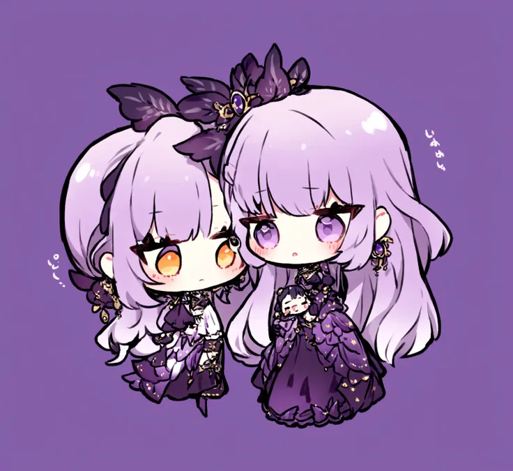 chibi cryptic girl character design: purple white gradient long hair, indifferent, kind with her chibi boyfriend, couple