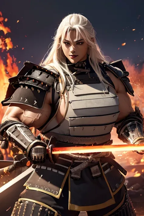 ((((Massive, tall, beautiful, buff, muscular light brown skinned female samurai with white hair, black lipstick, ginormous bulky muscles, holding a fire sword and wearing an all white samurai armor with pants)))), {close view}, black eyeliner, massive musc...