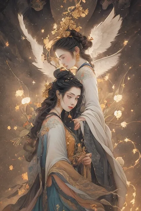 (((masterpiece))), (((Twin soulls))), male and female, matching souls, matching hearts, twin hearts, lovers in cosmic bliss, searching for each other in heaven, twin, angels, 32k, high detail, high resolution, stunningly beautiful, highly detailed, absurde...